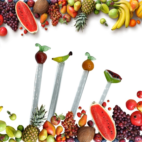 4 PC SET OF FUN MIXED FRUIT COCKTAIL HAND BLOWN SWIZZLE STICKS, DRINK STIRRERS - Picture 2 of 5